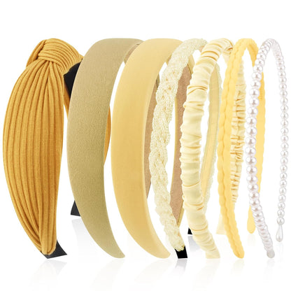 Headbands for Women 7 Pcs Different Yellow Fashion Knotted Solid Head Bands Pearl Headband Non Slip Hair Band for Womens Gilrs Thin Thick Short Hair Face Wash Hair Accessories