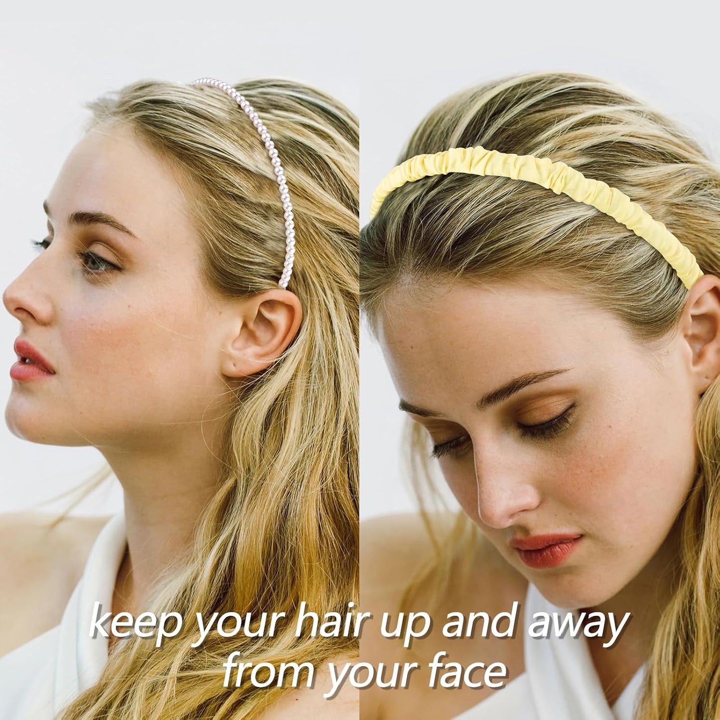 Headbands for Women 7 Pcs Different Yellow Fashion Knotted Solid Head Bands Pearl Headband Non Slip Hair Band for Womens Gilrs Thin Thick Short Hair Face Wash Hair Accessories