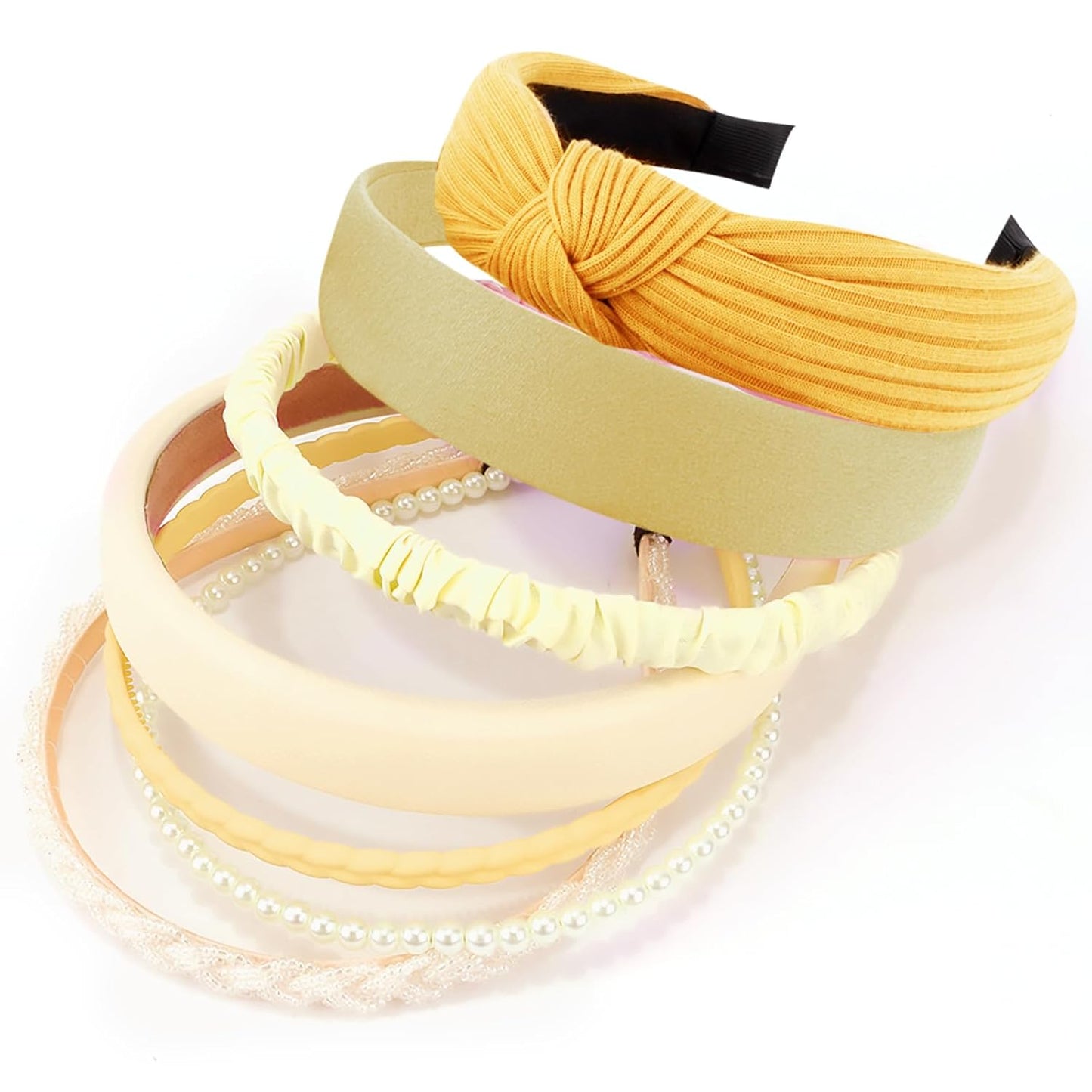 Headbands for Women 7 Pcs Different Yellow Fashion Knotted Solid Head Bands Pearl Headband Non Slip Hair Band for Womens Gilrs Thin Thick Short Hair Face Wash Hair Accessories