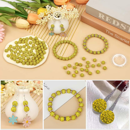 120 Pcs Clay Rhinestone Beads 10mm for Jewelry Making, Bling Sparkle Rhinestone Beads with Elastic String for Bracelet Necklace Earring Jewelry Making (Yellow)