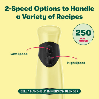 2-Speed Hand Immersion Blender with Whisk Attachment, 250 Watt, Yellow, Immersion Blender with Dishwasher Safe Whisk & Blending Attachments for Food Prep (17577)