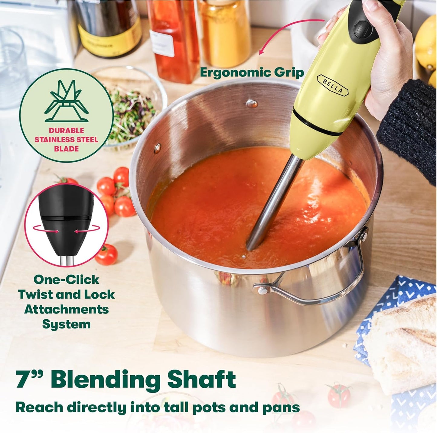 2-Speed Hand Immersion Blender with Whisk Attachment, 250 Watt, Yellow, Immersion Blender with Dishwasher Safe Whisk & Blending Attachments for Food Prep (17577)