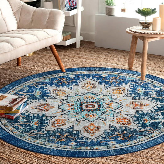 Round Rug 5ft Area Rug Washable Boho Circle Rugs for Living Room Non-Slip Bedroom Rug Low Pile Lightweight Tangerine Vintage Throw Rug for Dining Room Kitchen Office, Floral Aqua Yellow