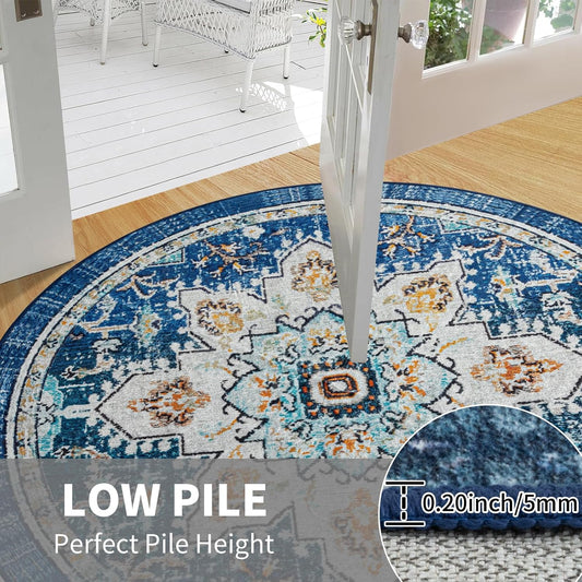 Round Rug 5ft Area Rug Washable Boho Circle Rugs for Living Room Non-Slip Bedroom Rug Low Pile Lightweight Tangerine Vintage Throw Rug for Dining Room Kitchen Office, Floral Aqua Yellow