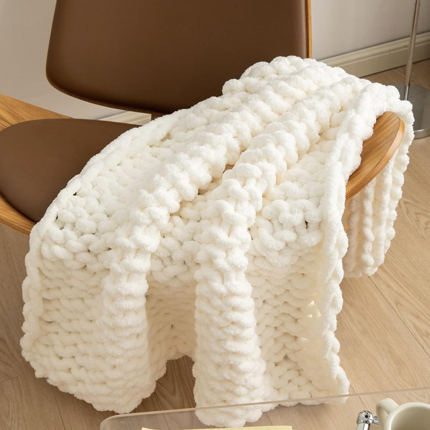 Chunky Knit Blanket Throw, Hand Knitted Chenille Throw Blanket, Big Soft Thick Chenille Yarn Chunky Knit Blanket, Knot Crochet Throw Blankets for Couch Bed Sofa,Ginger Yellow,50x50cm