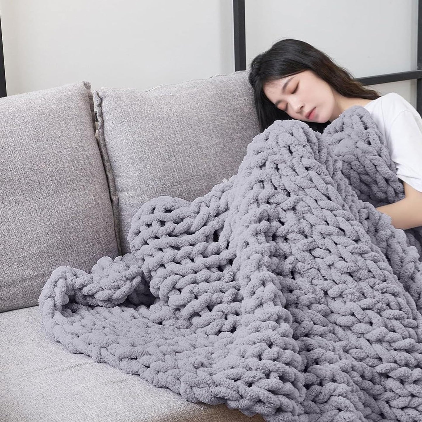 Chunky Knit Blanket Throw, Hand Knitted Chenille Throw Blanket, Big Soft Thick Chenille Yarn Chunky Knit Blanket, Knot Crochet Throw Blankets for Couch Bed Sofa,Ginger Yellow,50x50cm