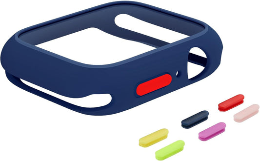 Case Compatible with Apple Watch 7/8/9 41MM with Tempered Glass Screen Protector, Full Coverage Bumper Cover for iWatch Smartwatch Accessories Dark Blue + Yellow