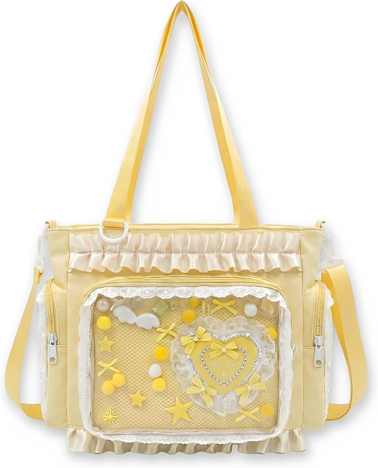 Large Ita Tote Bag Crossbody with Insert Kawaii Pin Purse, Yellow | Lace Clear Window Pin Display Shoulder Bag, Cute Ita Purse Y2K Messenger Bag for Kpop Anime Comic-Con Lolita (NO Pins)