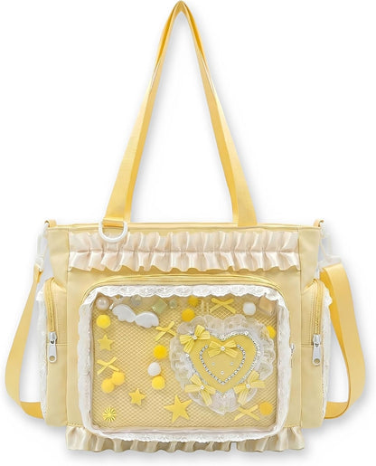 Large Ita Tote Bag Crossbody with Insert Kawaii Pin Purse, Yellow | Lace Clear Window Pin Display Shoulder Bag, Cute Ita Purse Y2K Messenger Bag for Kpop Anime Comic-Con Lolita (NO Pins)