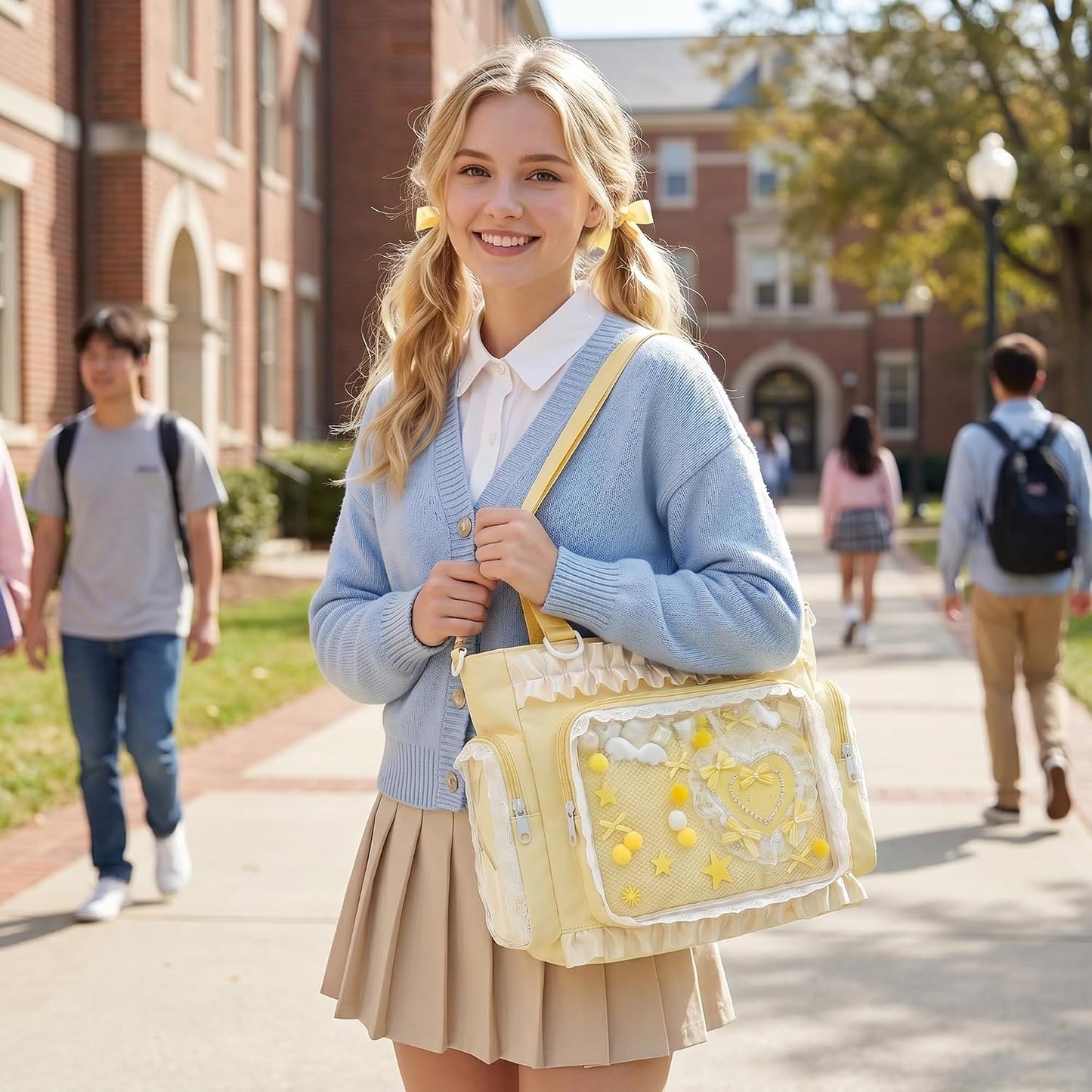 Large Ita Tote Bag Crossbody with Insert Kawaii Pin Purse, Yellow | Lace Clear Window Pin Display Shoulder Bag, Cute Ita Purse Y2K Messenger Bag for Kpop Anime Comic-Con Lolita (NO Pins)