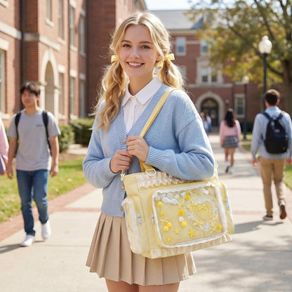 Large Ita Tote Bag Crossbody with Insert Kawaii Pin Purse, Yellow | Lace Clear Window Pin Display Shoulder Bag, Cute Ita Purse Y2K Messenger Bag for Kpop Anime Comic-Con Lolita (NO Pins)