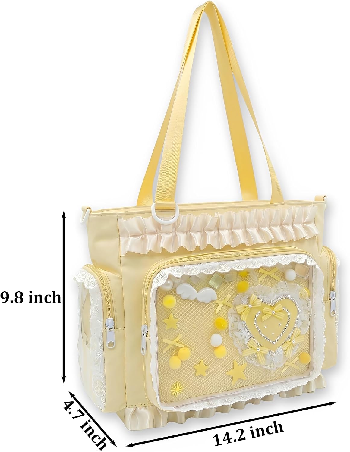 Large Ita Tote Bag Crossbody with Insert Kawaii Pin Purse, Yellow | Lace Clear Window Pin Display Shoulder Bag, Cute Ita Purse Y2K Messenger Bag for Kpop Anime Comic-Con Lolita (NO Pins)