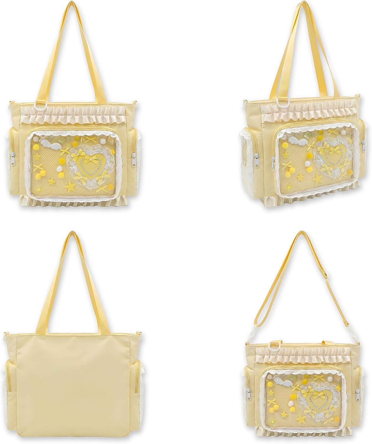 Large Ita Tote Bag Crossbody with Insert Kawaii Pin Purse, Yellow | Lace Clear Window Pin Display Shoulder Bag, Cute Ita Purse Y2K Messenger Bag for Kpop Anime Comic-Con Lolita (NO Pins)