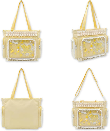 Large Ita Tote Bag Crossbody with Insert Kawaii Pin Purse, Yellow | Lace Clear Window Pin Display Shoulder Bag, Cute Ita Purse Y2K Messenger Bag for Kpop Anime Comic-Con Lolita (NO Pins)