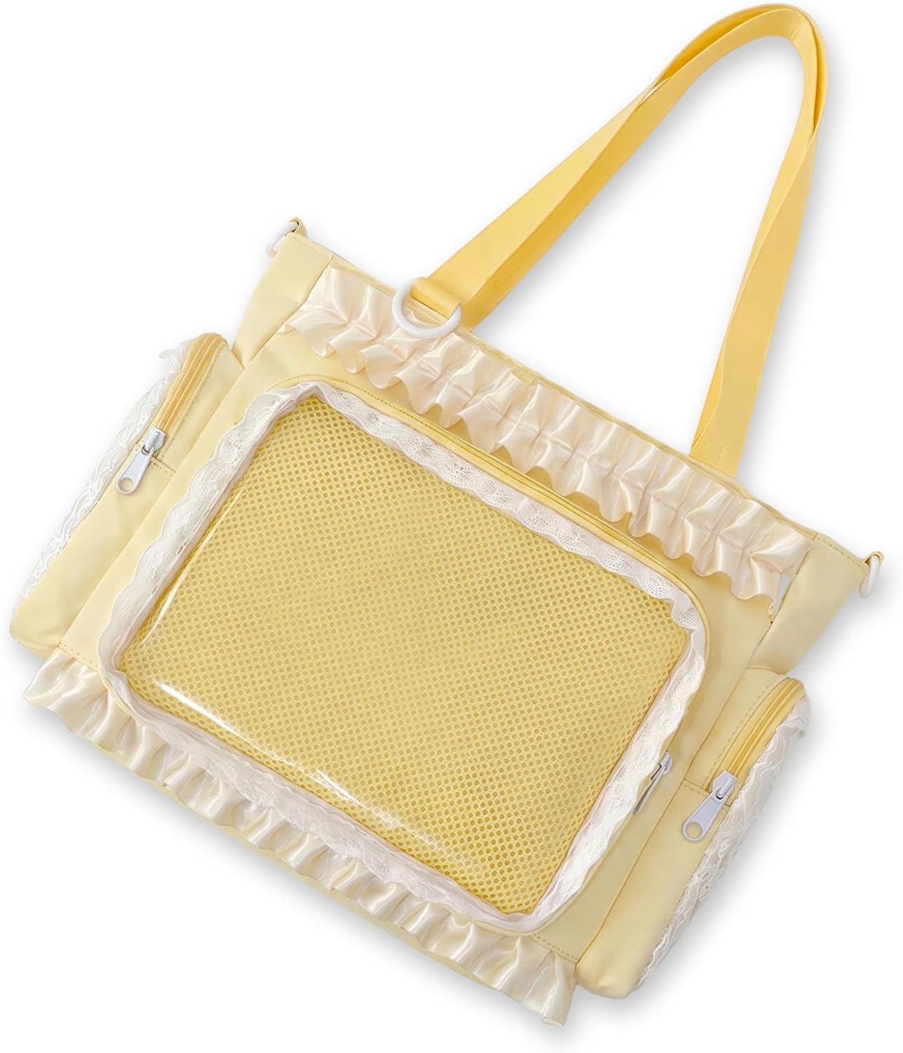 Large Ita Tote Bag Crossbody with Insert Kawaii Pin Purse, Yellow | Lace Clear Window Pin Display Shoulder Bag, Cute Ita Purse Y2K Messenger Bag for Kpop Anime Comic-Con Lolita (NO Pins)