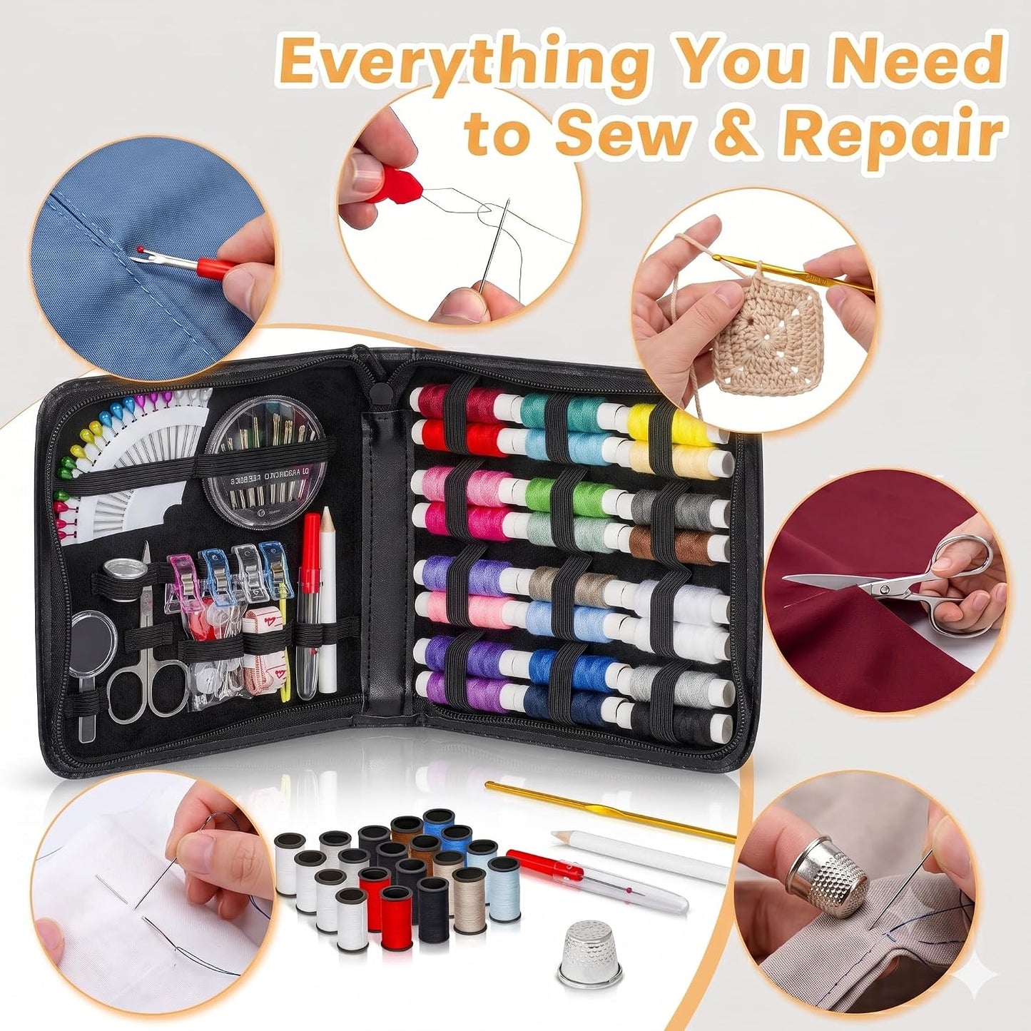 94-Piece Travel Sewing Kit for Adults & Kids, Small Needle & Thread Kit | Mini Emergency Repair Sewing Kit, Beginner Set with Multicolor Thread, Needles, Scissors, Thimble, Clips & Travel Case