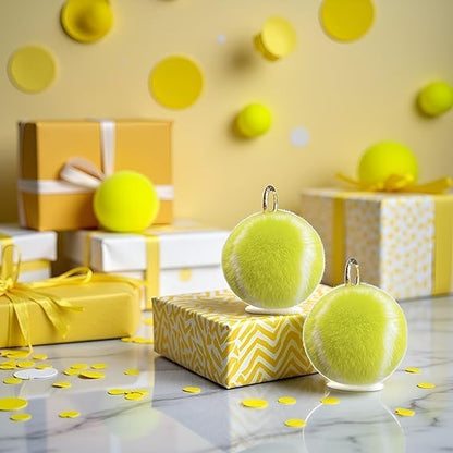 2Pcs Tennis Ball Design Keychain - Fluffy Soft Faux Fur Handbag Charms for Sports Parties and Birthday Gifts, Waterproof Backpack Accessories with Carabiner Clip (Yellow Key Ring)