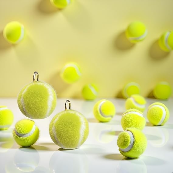 2Pcs Tennis Ball Design Keychain - Fluffy Soft Faux Fur Handbag Charms for Sports Parties and Birthday Gifts, Waterproof Backpack Accessories with Carabiner Clip (Yellow Key Ring)