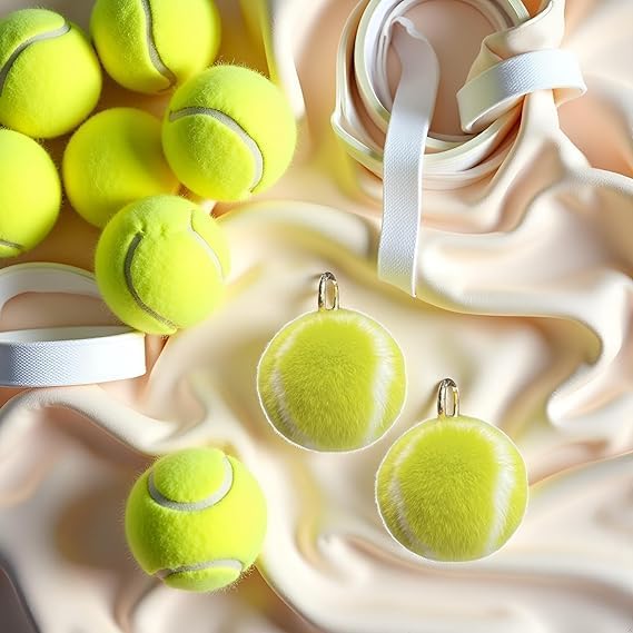 2Pcs Tennis Ball Design Keychain - Fluffy Soft Faux Fur Handbag Charms for Sports Parties and Birthday Gifts, Waterproof Backpack Accessories with Carabiner Clip (Yellow Key Ring)