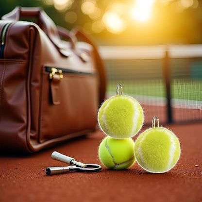2Pcs Tennis Ball Design Keychain - Fluffy Soft Faux Fur Handbag Charms for Sports Parties and Birthday Gifts, Waterproof Backpack Accessories with Carabiner Clip (Yellow Key Ring)