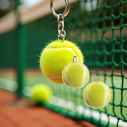 2Pcs Tennis Ball Design Keychain - Fluffy Soft Faux Fur Handbag Charms for Sports Parties and Birthday Gifts, Waterproof Backpack Accessories with Carabiner Clip (Yellow Key Ring)