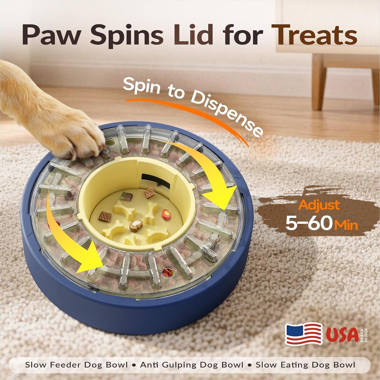 KADTC Adjustable 5-60 Min Slow Feeder Dog Bowl & Puzzle Feeder Anti-Gulping | 4-Cup Spinning Food Dispenser Turns Daily Meals Into Energy-Burning Enrichment, Eases Boredom, Builds Calmer Mealtime Rhythms