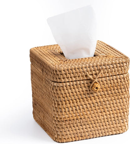 Rattan Square Tissue Box Cover- 5.7" x 5.7" x 5"-Decorative Woven Facial Tissue Holder with Hinged Top Lid- Facial Box for Home, Office,Bathrooms, Decoration (Yellow)