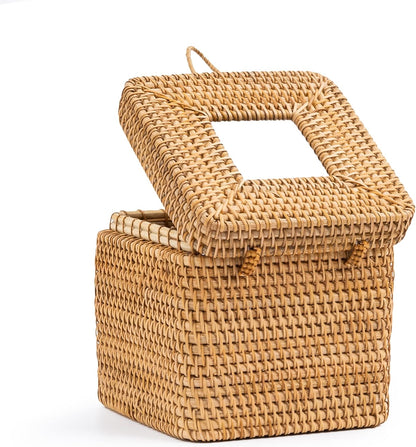 Rattan Square Tissue Box Cover- 5.7" x 5.7" x 5"-Decorative Woven Facial Tissue Holder with Hinged Top Lid- Facial Box for Home, Office,Bathrooms, Decoration (Yellow)