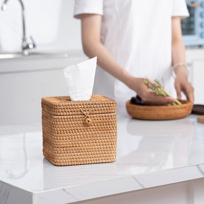 Rattan Square Tissue Box Cover- 5.7" x 5.7" x 5"-Decorative Woven Facial Tissue Holder with Hinged Top Lid- Facial Box for Home, Office,Bathrooms, Decoration (Yellow)
