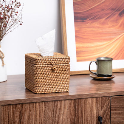 Rattan Square Tissue Box Cover- 5.7" x 5.7" x 5"-Decorative Woven Facial Tissue Holder with Hinged Top Lid- Facial Box for Home, Office,Bathrooms, Decoration (Yellow)