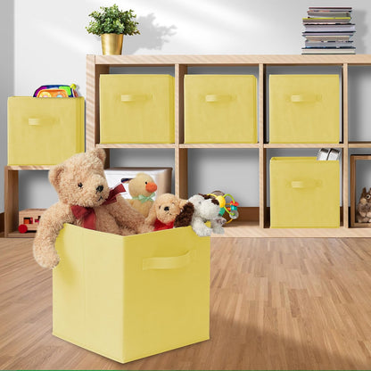 Set of 6 Collapsible Fabric Cube Storage Bins, Yellow - 11" Foldable Cloth Baskets for Shelves, Cubby Organizers & More