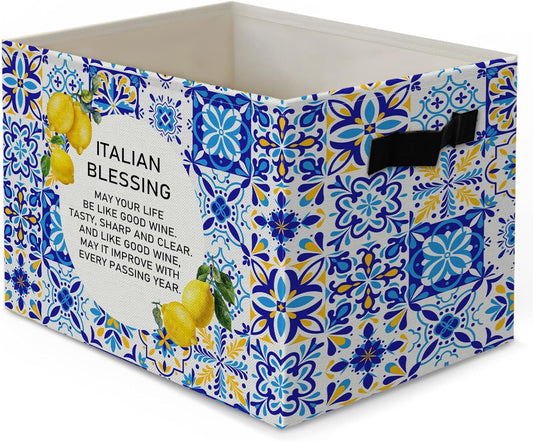Italian Amalfi Coast Lemon Storage Bins Box, Lemon Gifts for Women, Italian Blessing Mediterranean Tiles Collapsible Organizer Basket with Handles for Bedroom Laundry Room Clothes Books Toys