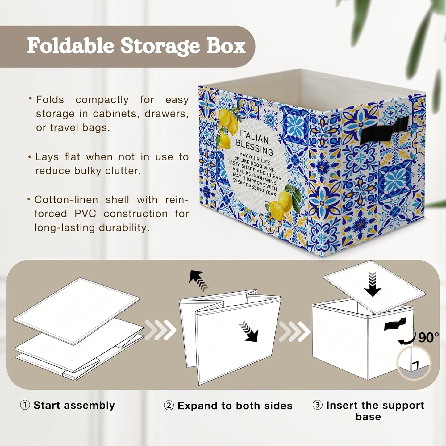 Italian Amalfi Coast Lemon Storage Bins Box, Lemon Gifts for Women, Italian Blessing Mediterranean Tiles Collapsible Organizer Basket with Handles for Bedroom Laundry Room Clothes Books Toys