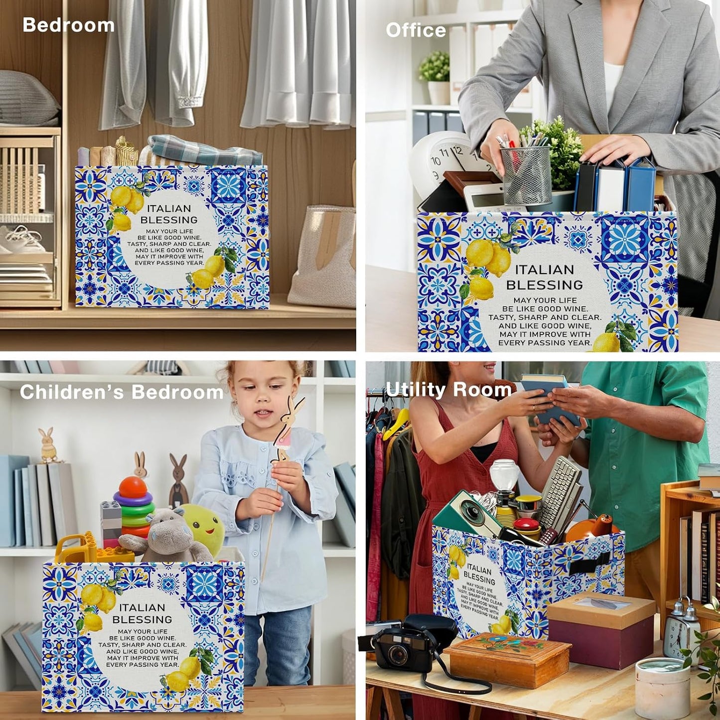 Italian Amalfi Coast Lemon Storage Bins Box, Lemon Gifts for Women, Italian Blessing Mediterranean Tiles Collapsible Organizer Basket with Handles for Bedroom Laundry Room Clothes Books Toys