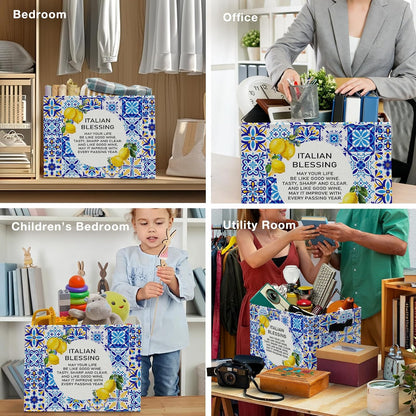 Italian Amalfi Coast Lemon Storage Bins Box, Lemon Gifts for Women, Italian Blessing Mediterranean Tiles Collapsible Organizer Basket with Handles for Bedroom Laundry Room Clothes Books Toys