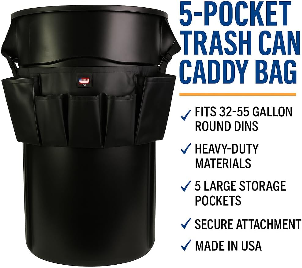 5-Pocket Trash Can Caddy Bag – Heavy-Duty Organizer for 32-55 Gallon Round Trash Bins | Janitorial Cleaning Tool Pouch (Yellow)