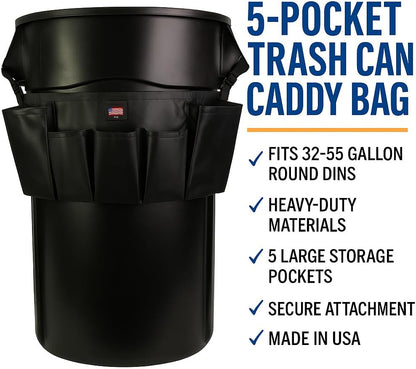 5-Pocket Trash Can Caddy Bag – Heavy-Duty Organizer for 32-55 Gallon Round Trash Bins | Janitorial Cleaning Tool Pouch (Yellow)