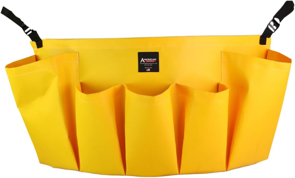 5-Pocket Trash Can Caddy Bag – Heavy-Duty Organizer for 32-55 Gallon Round Trash Bins | Janitorial Cleaning Tool Pouch (Yellow)