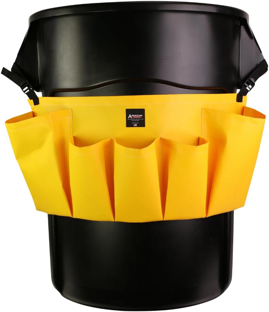 5-Pocket Trash Can Caddy Bag – Heavy-Duty Organizer for 32-55 Gallon Round Trash Bins | Janitorial Cleaning Tool Pouch (Yellow)
