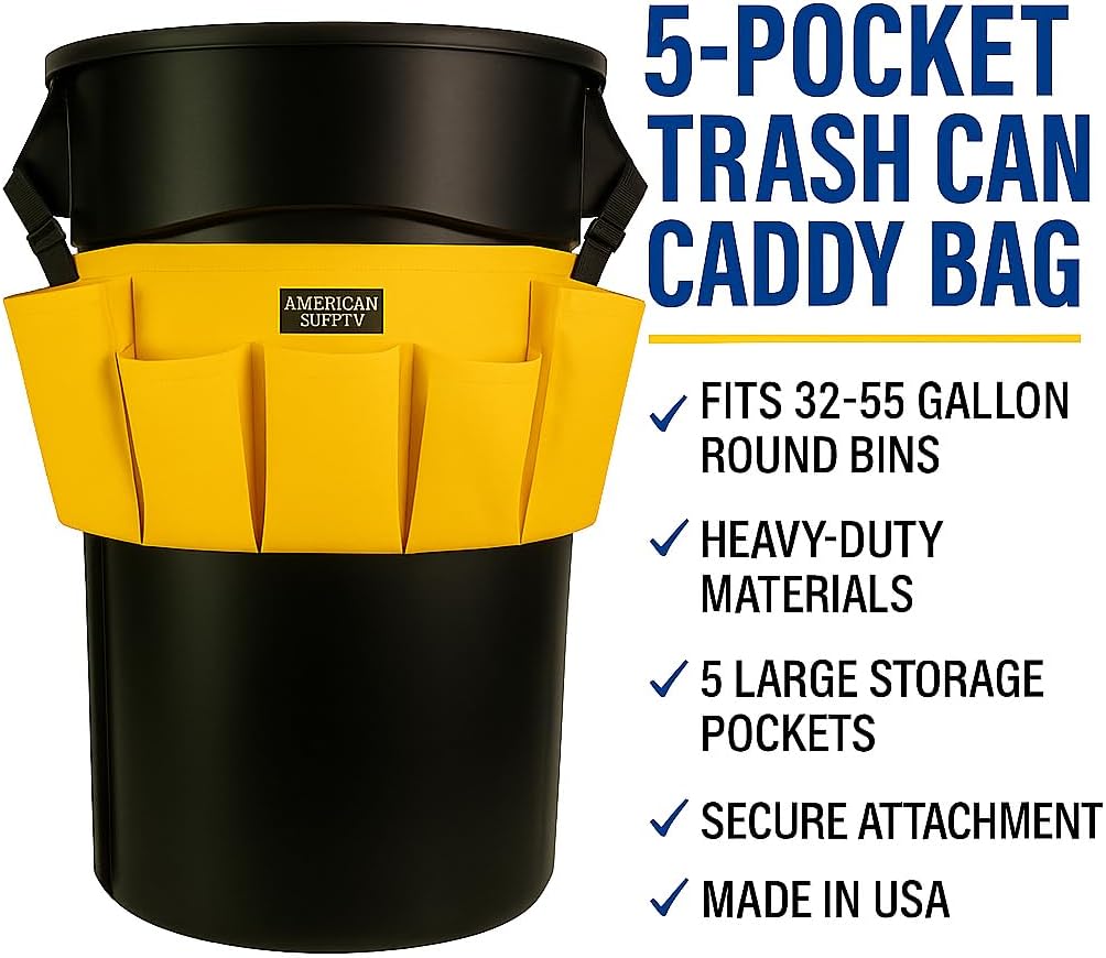 5-Pocket Trash Can Caddy Bag – Heavy-Duty Organizer for 32-55 Gallon Round Trash Bins | Janitorial Cleaning Tool Pouch (Yellow)