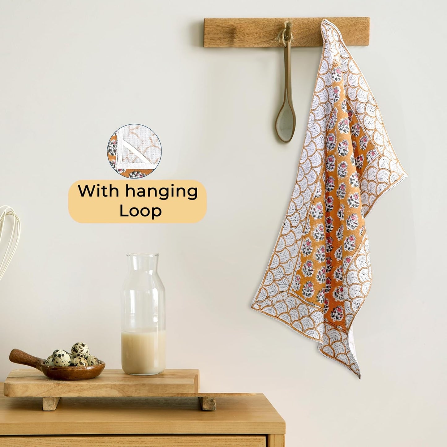 CPC Citrine Yellow Hand Block Print Waffle Kitchen Towel Set of 3-16 x 28 Inch Ultra Absorbent Quick Dry Cotton Dish Towels Lightweight Reusable Sustainable Tea Towels for Cleaning and Drying