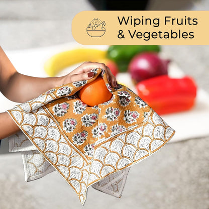 CPC Citrine Yellow Hand Block Print Waffle Kitchen Towel Set of 3-16 x 28 Inch Ultra Absorbent Quick Dry Cotton Dish Towels Lightweight Reusable Sustainable Tea Towels for Cleaning and Drying