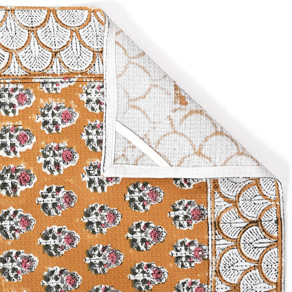 CPC Citrine Yellow Hand Block Print Waffle Kitchen Towel Set of 3-16 x 28 Inch Ultra Absorbent Quick Dry Cotton Dish Towels Lightweight Reusable Sustainable Tea Towels for Cleaning and Drying