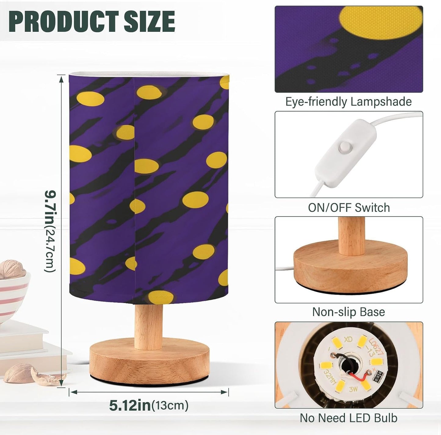 Night Stand Light Lamp Yellow Polka Dot Pattern Bedside Table Lamp with USB Port for Living Room Office Dorm