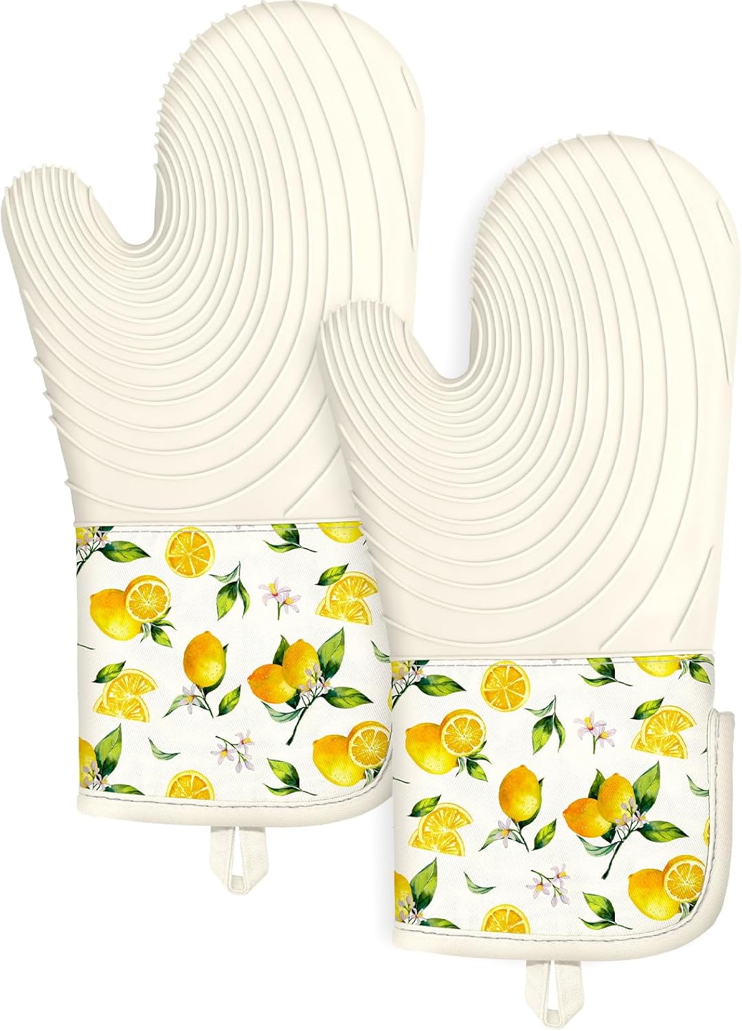Long Silicone Oven Mitts Heat Resistant for Women - 2 Pcs Lemon 100% Cotton Oven Gloves, Non-Slip and Waterproof Silicone Oven Mitts with Hanger for Baking and Cooking