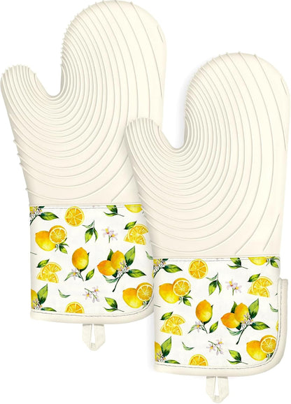 Long Silicone Oven Mitts Heat Resistant for Women - 2 Pcs Lemon 100% Cotton Oven Gloves, Non-Slip and Waterproof Silicone Oven Mitts with Hanger for Baking and Cooking