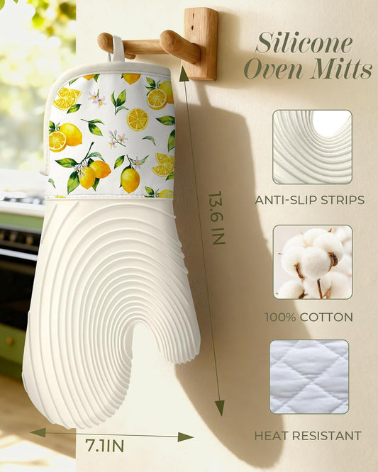 Long Silicone Oven Mitts Heat Resistant for Women - 2 Pcs Lemon 100% Cotton Oven Gloves, Non-Slip and Waterproof Silicone Oven Mitts with Hanger for Baking and Cooking