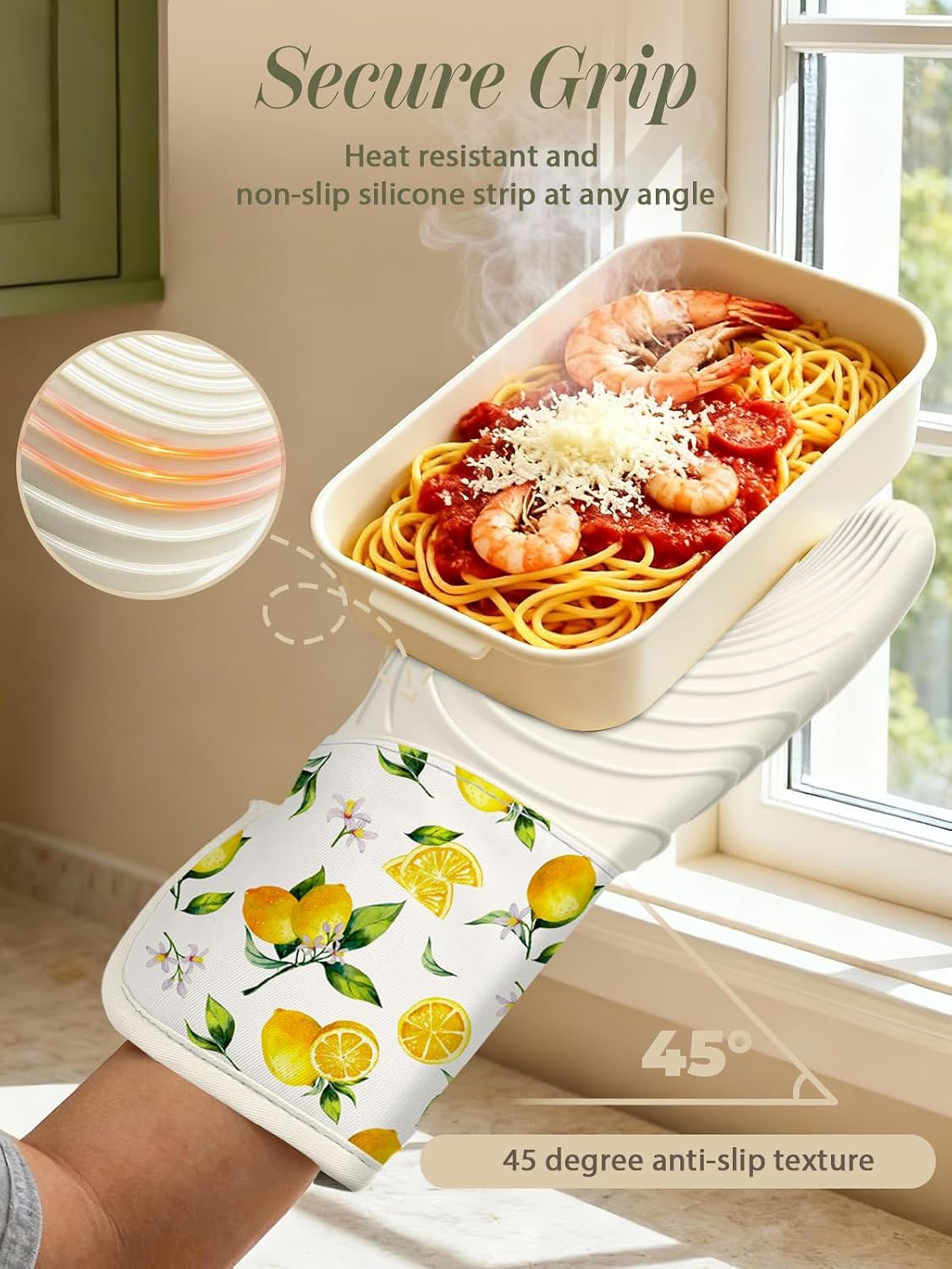 Long Silicone Oven Mitts Heat Resistant for Women - 2 Pcs Lemon 100% Cotton Oven Gloves, Non-Slip and Waterproof Silicone Oven Mitts with Hanger for Baking and Cooking