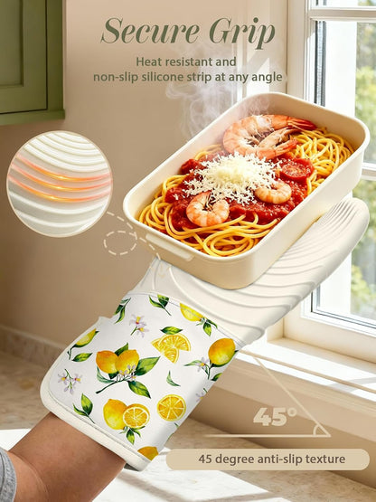 Long Silicone Oven Mitts Heat Resistant for Women - 2 Pcs Lemon 100% Cotton Oven Gloves, Non-Slip and Waterproof Silicone Oven Mitts with Hanger for Baking and Cooking