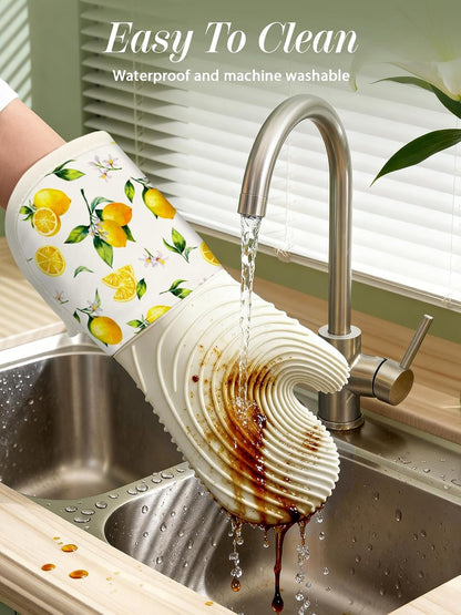 Long Silicone Oven Mitts Heat Resistant for Women - 2 Pcs Lemon 100% Cotton Oven Gloves, Non-Slip and Waterproof Silicone Oven Mitts with Hanger for Baking and Cooking